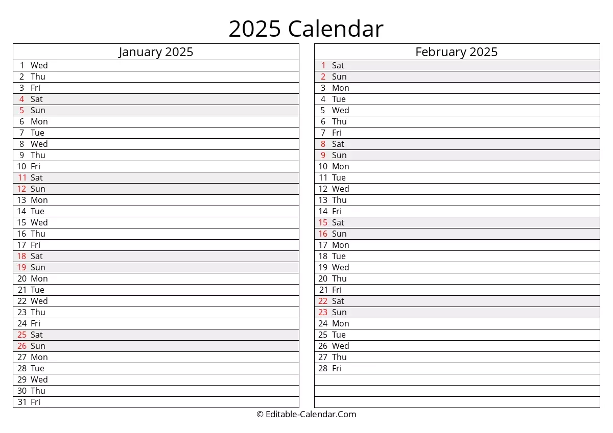 Printable Calendar 2025 Sat And Sun At End