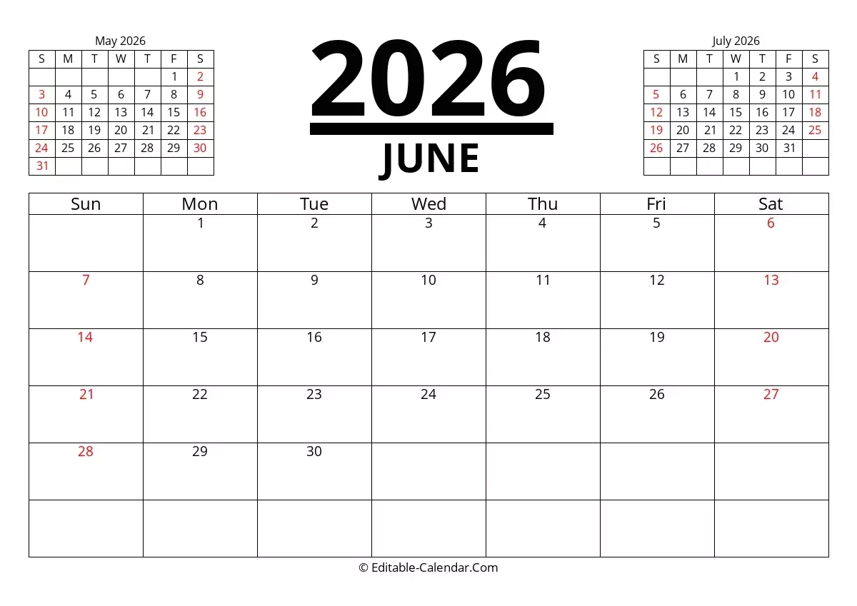 Download June 2026 Printable Calendar With Previous And Next Month Weeks Start On Sunday