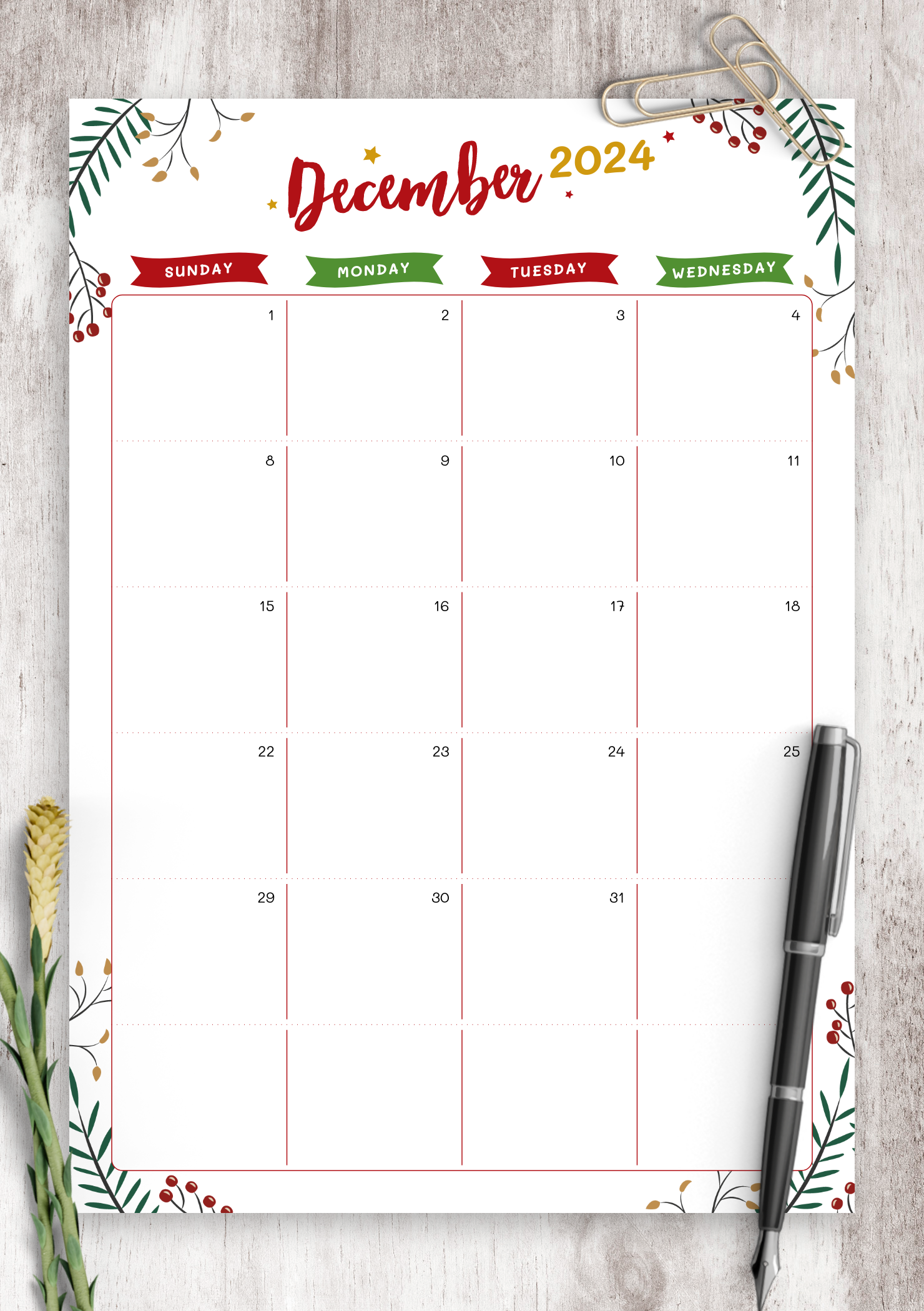 Download Printable Christmas Style December Calendar PDF