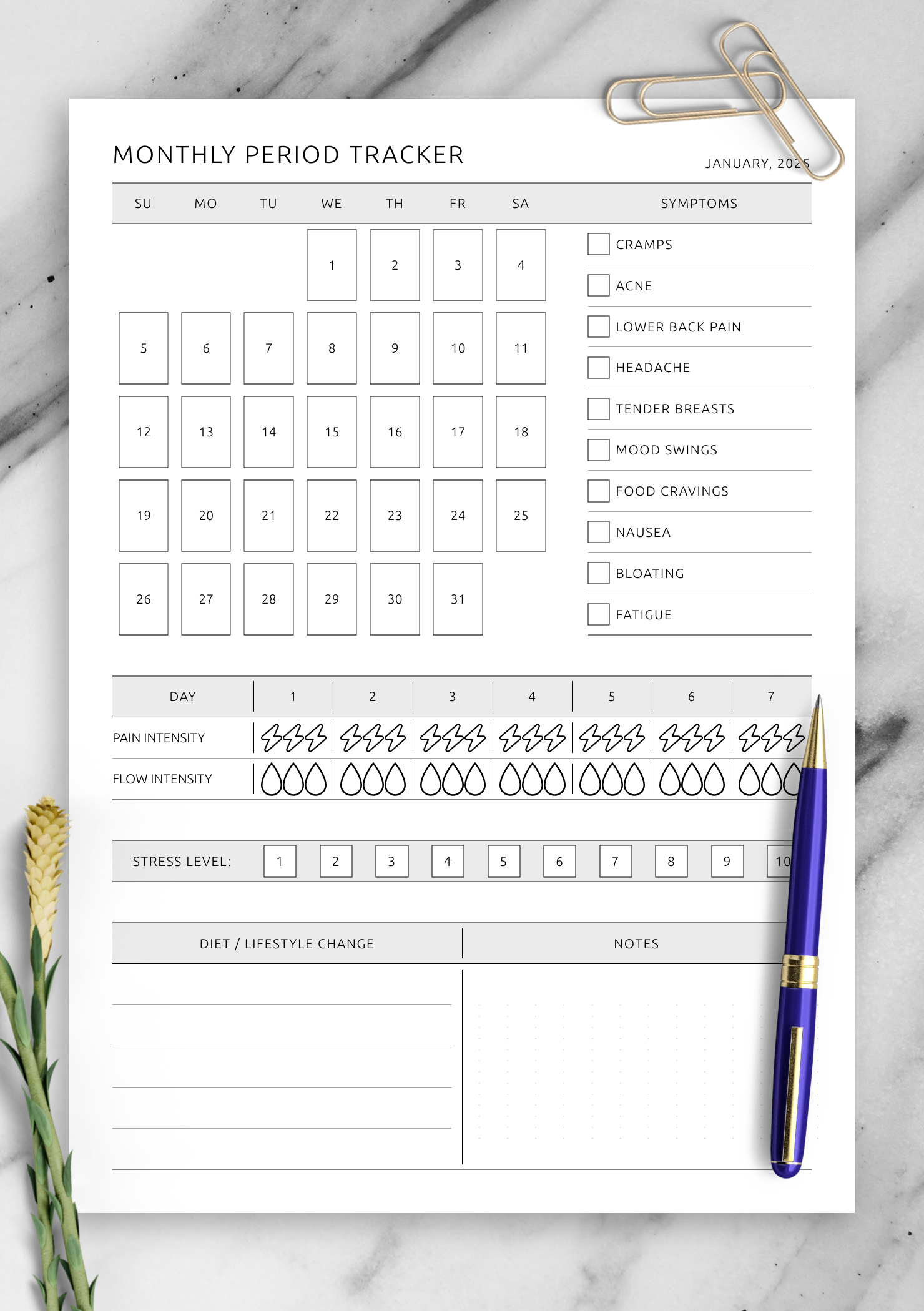Printable Period Tracking Calendar