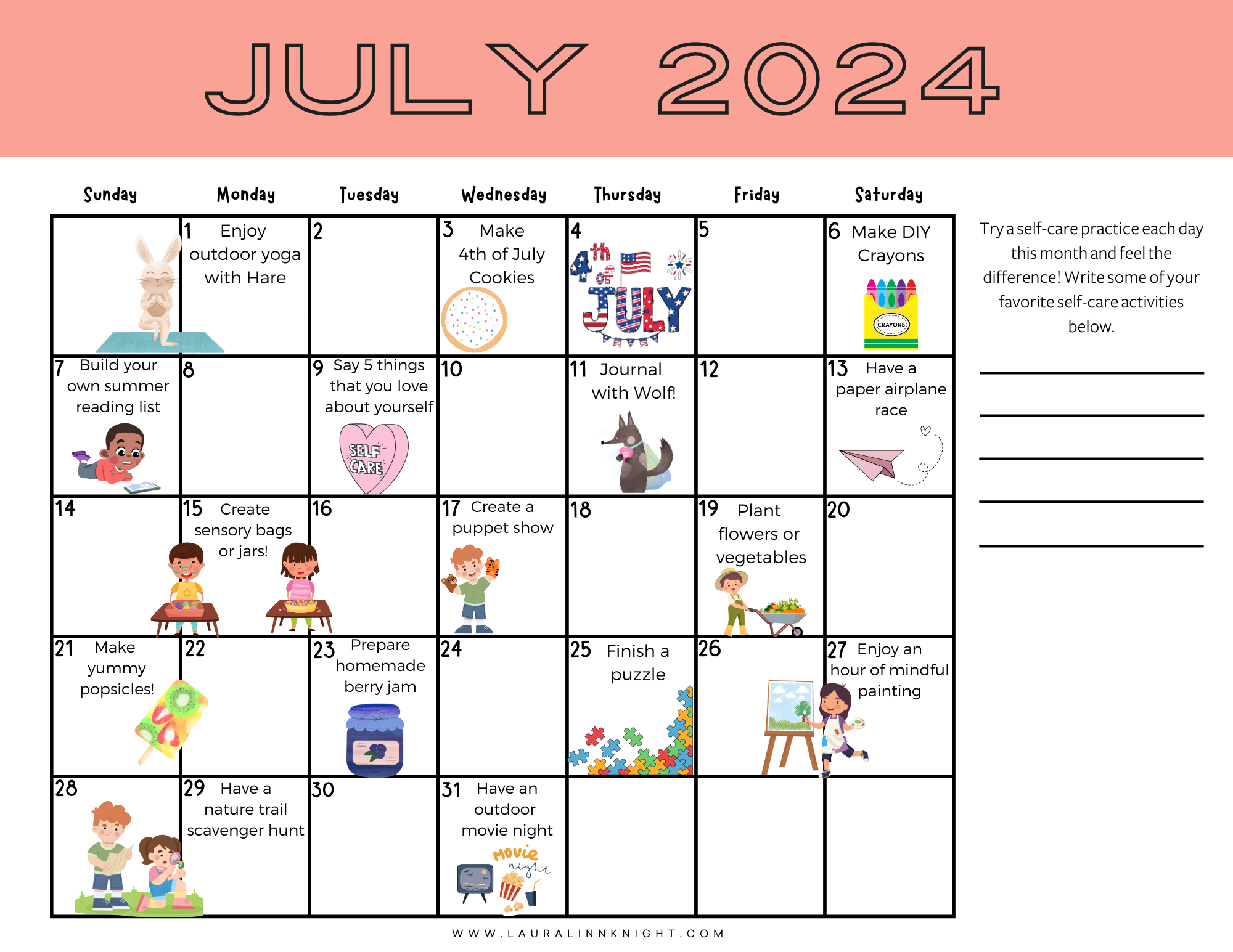 Download The FREE July 2024 Kids Self Care And Summer Family Activities Calendar Laura Linn Knight