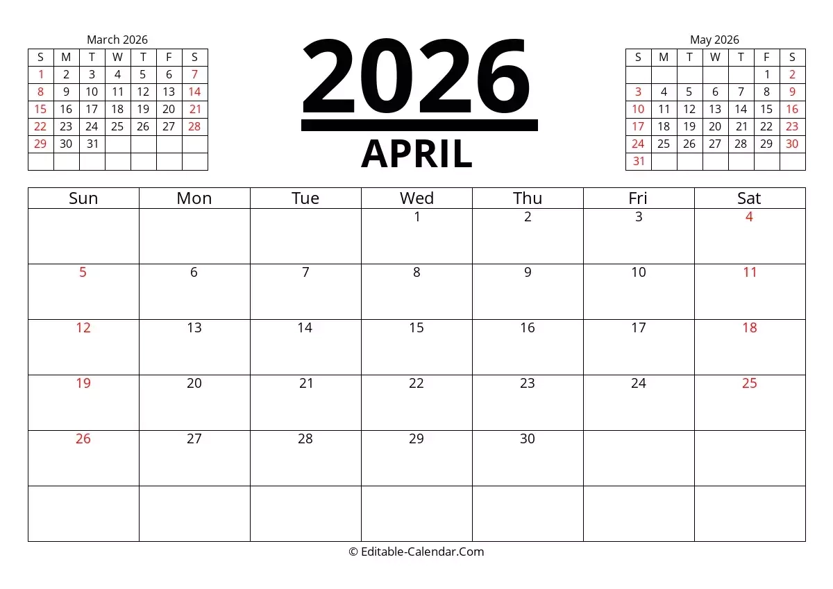 2026 Printable Calendar By Month April