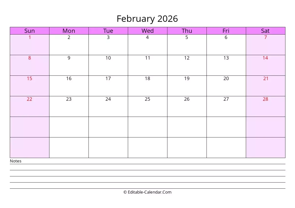 Editable Calendar February 2026 In Excel Word PDF