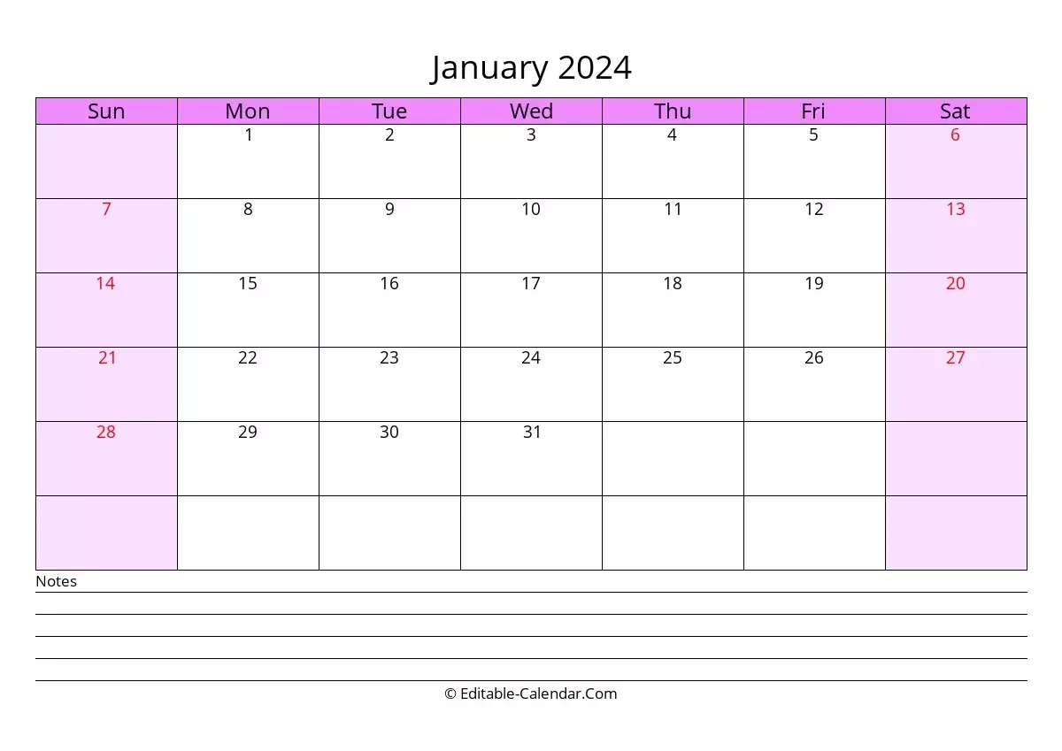 Editable Calendar January 2024 In Excel Word PDF