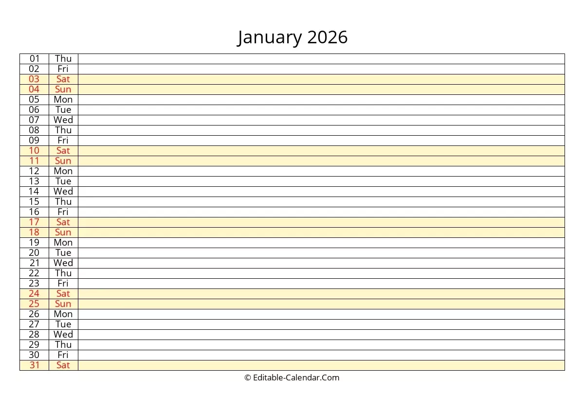 Editable Calendar January 2026 In Excel Word PDF