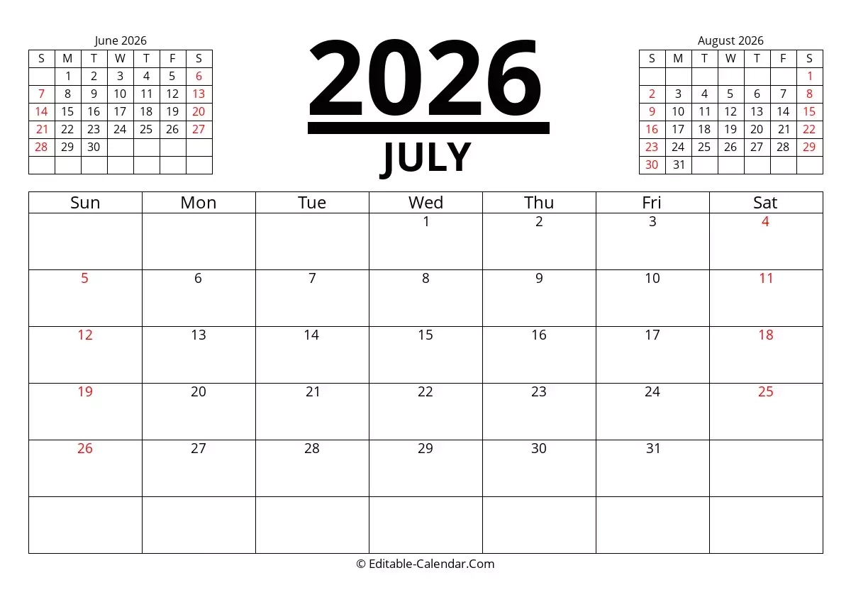 editable calendar july 2026 in excel word pdf