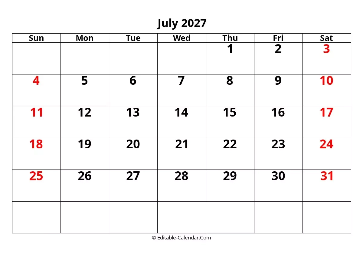 editable calendar july 2027 in excel word pdf