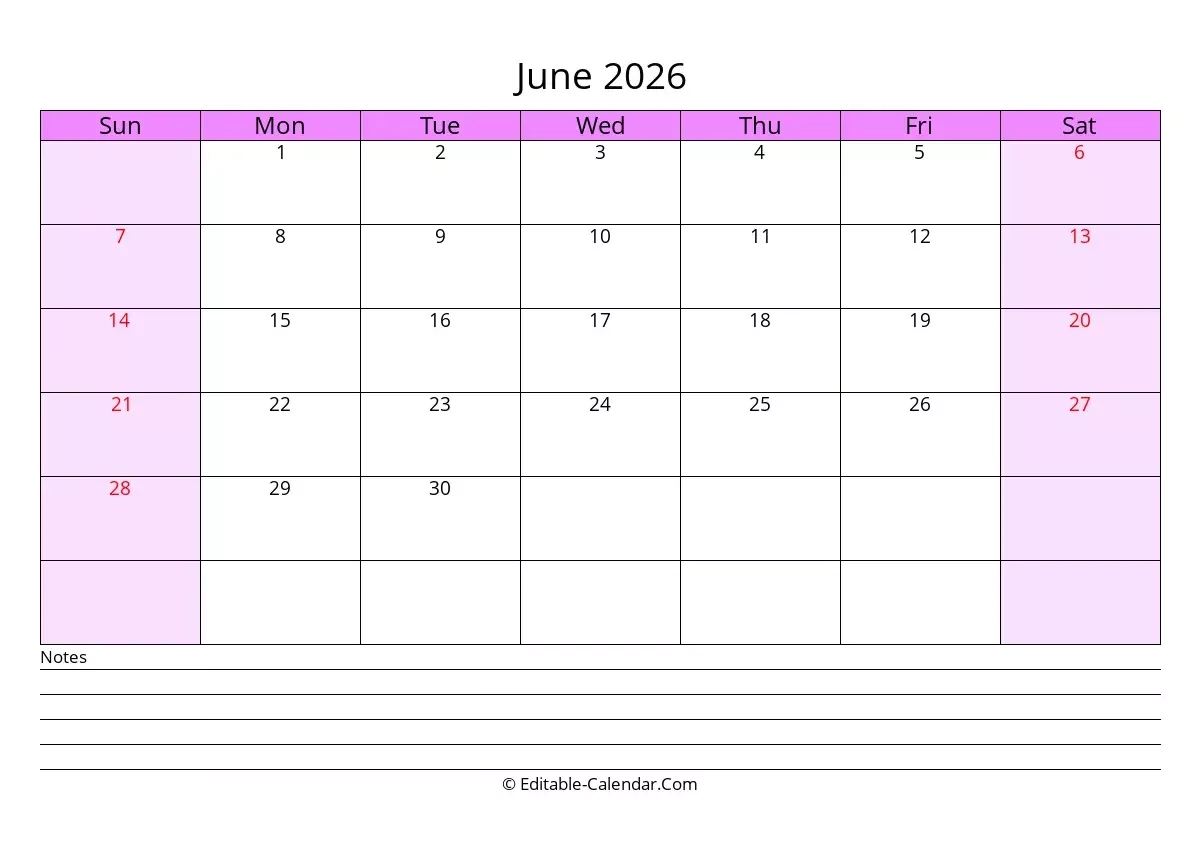 Editable Calendar June 2026 In Excel Word PDF Editable Calendar June 2026 In Excel Word PDF