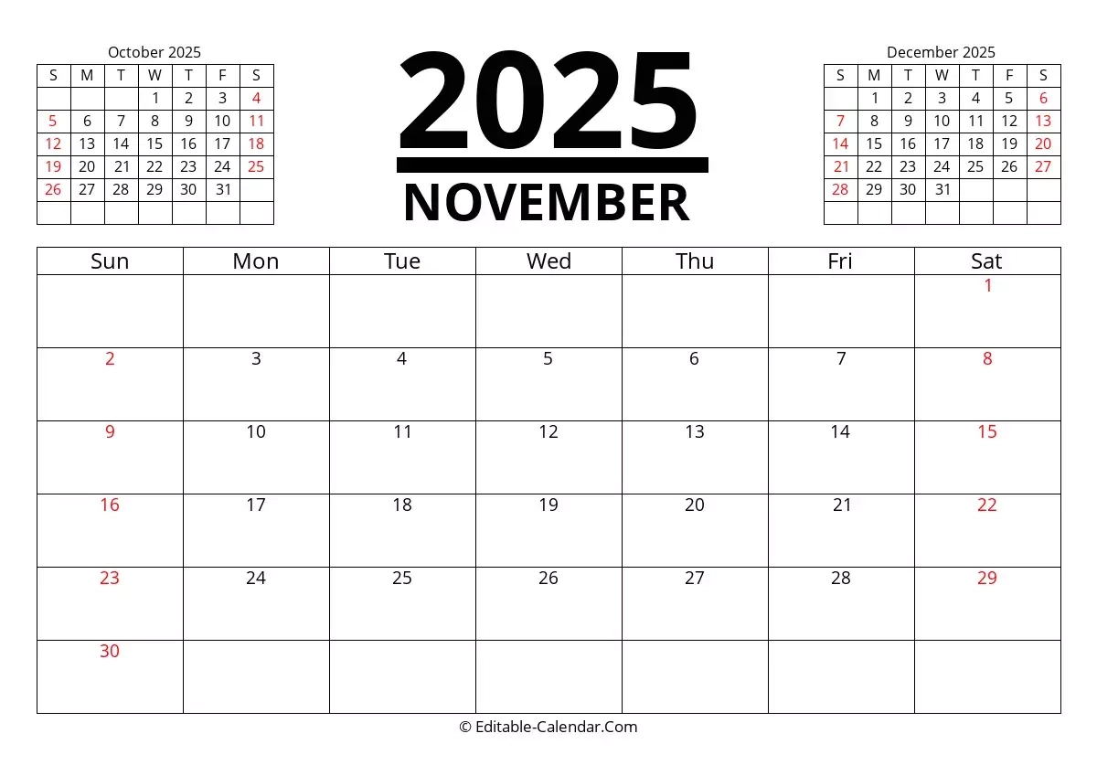 Editable Calendar November 2025 In Excel Word PDF