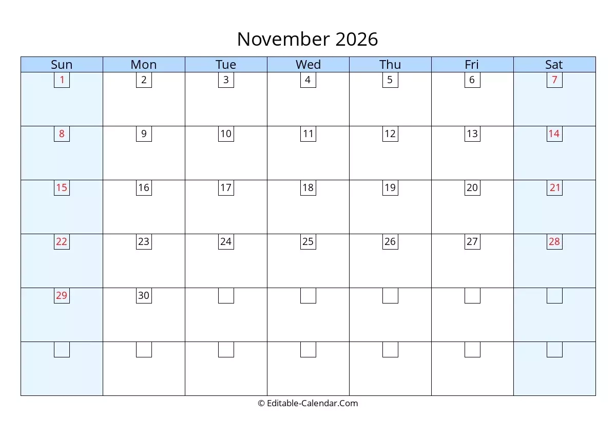 Editable Calendar November 2026 In Excel Word PDF