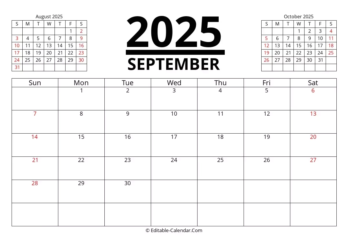 Editable Calendar September 2025 In Excel Word PDF