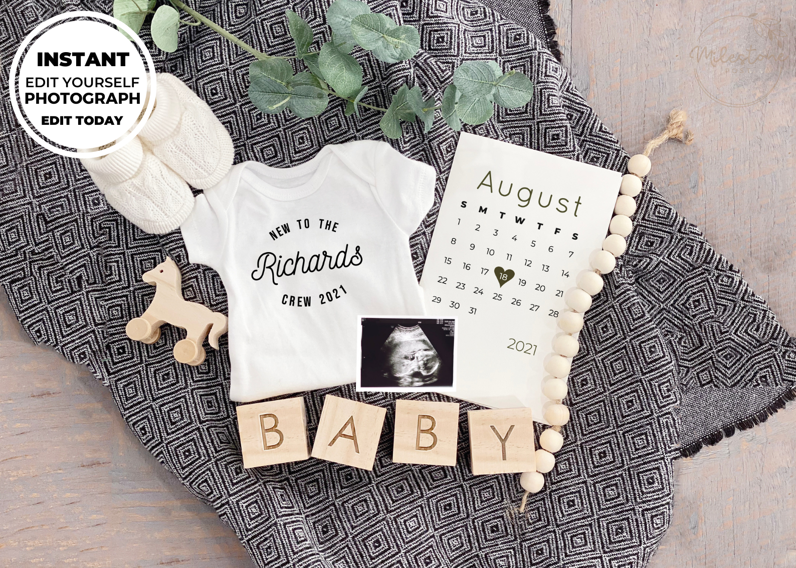 Editable Edit Yourself Neutral Onesie Calendar Pregnancy Announcement Social Media Post Baby Announcement DIY Digital File Instant Download N27 MilestonePost