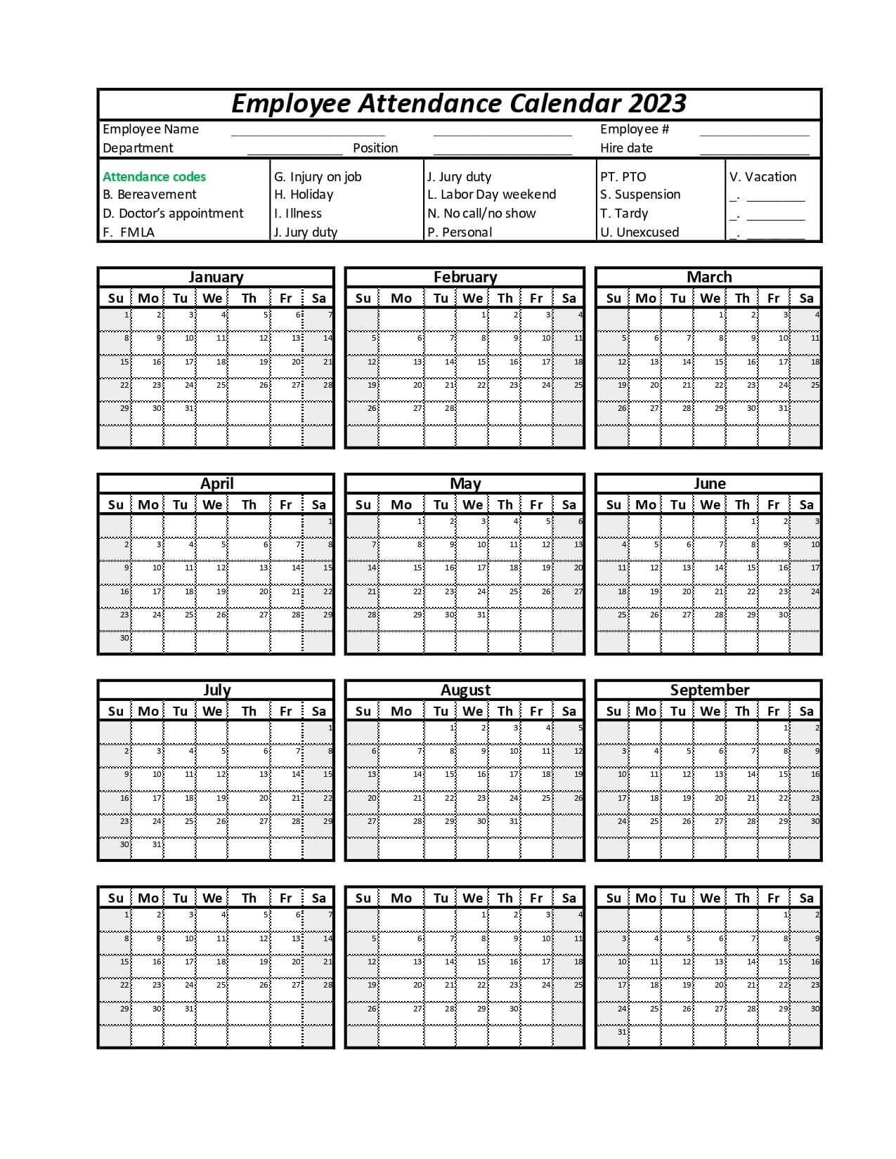 Employee Attendance Calendar