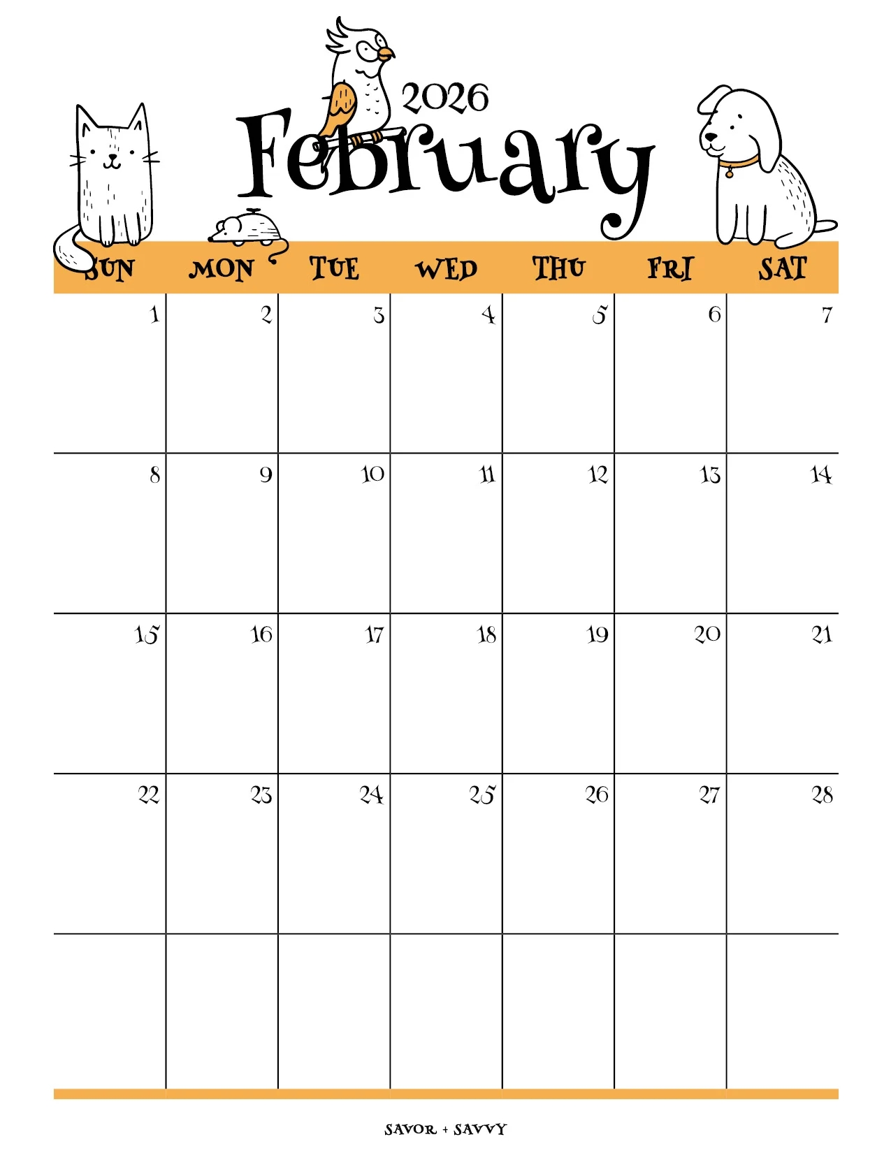 Blank February 2026 Calendar Printable Blank February 2026 Calendar Printable