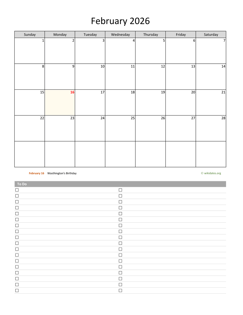 February 2026 Calendar With To Do List WikiDates