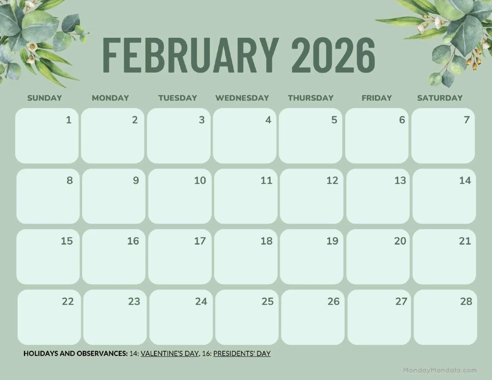 Free Printable Feb 2026 Calendar