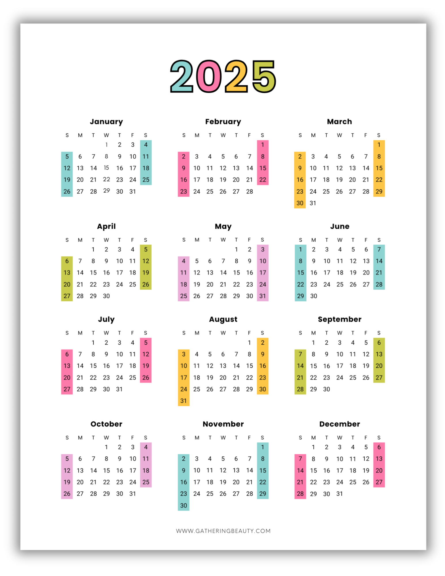 Printable One Page Calendar 2025 Free Without Download
