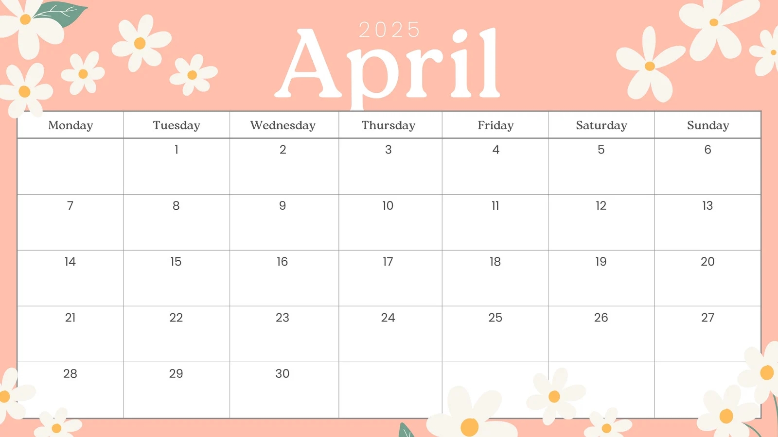 April Month Calendar Printable