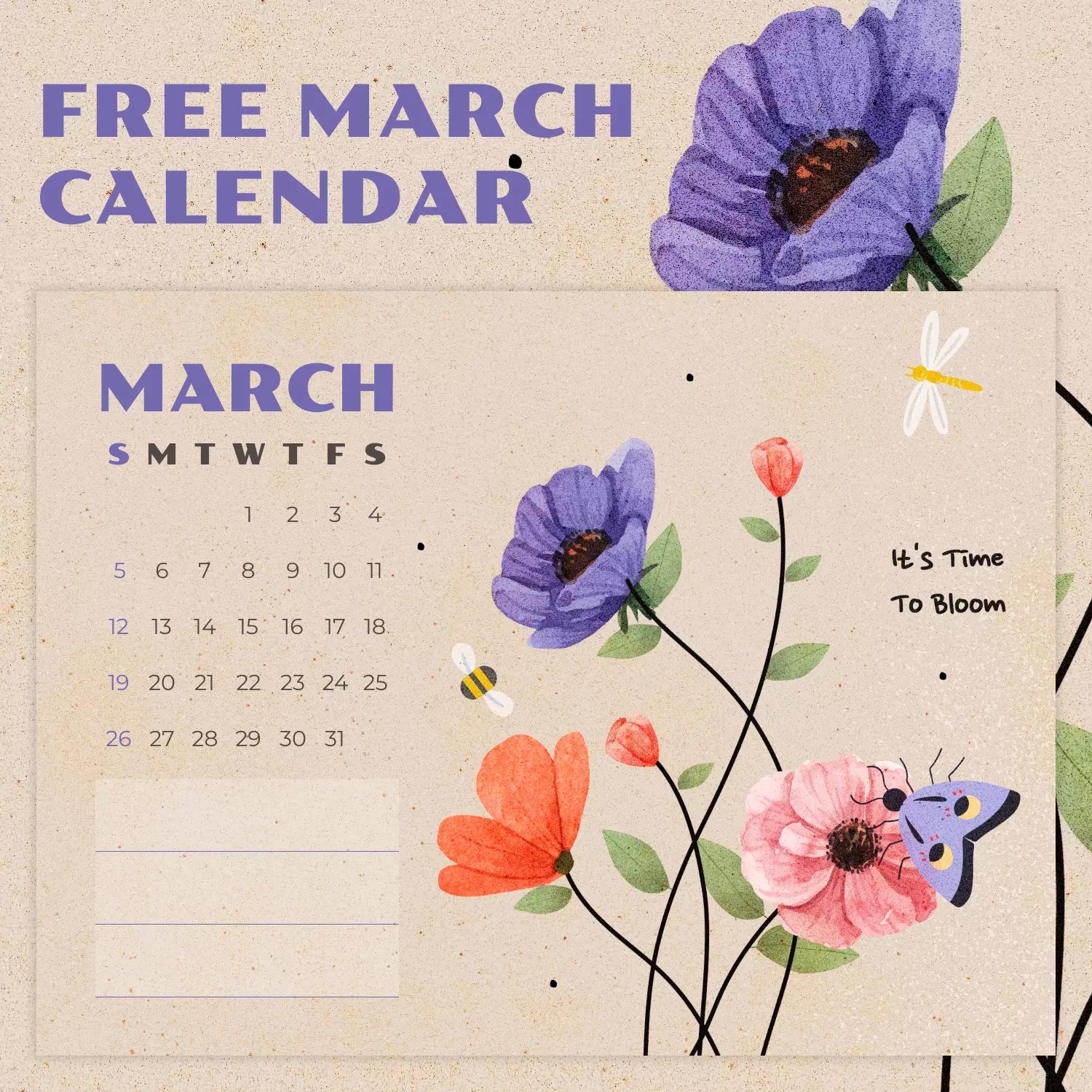 Free Bloom March Calendar MasterBundles