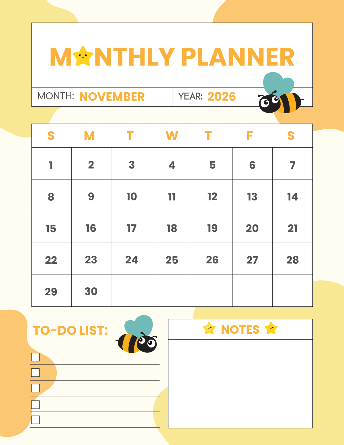 free cute november 2026 calendar template to edit online