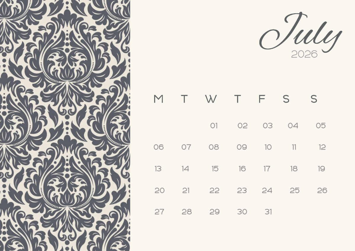 Free Elegant July 2026 Calendar Template To Edit Online