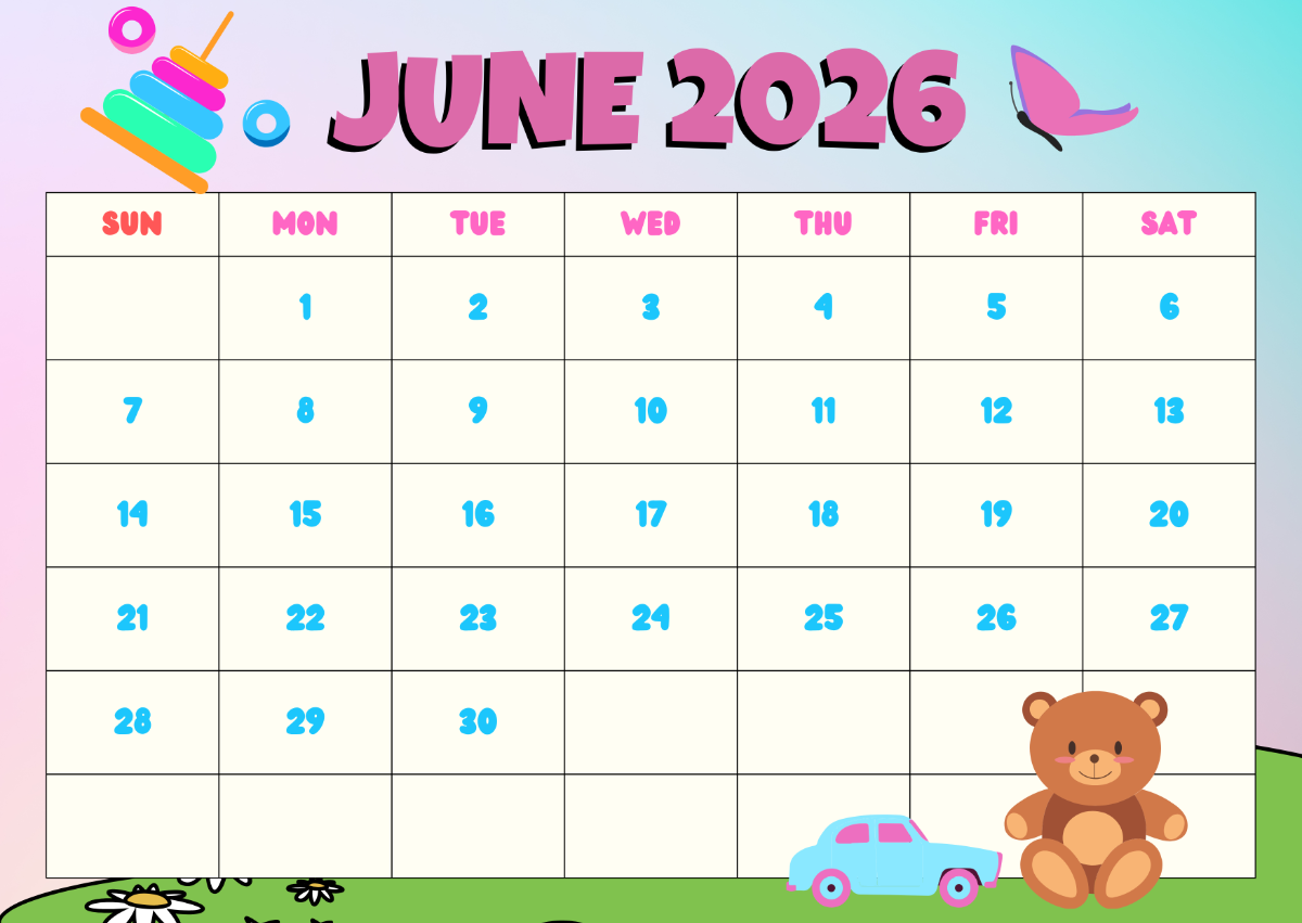 Free June 2026 Calendar For Kids Template To Edit Online