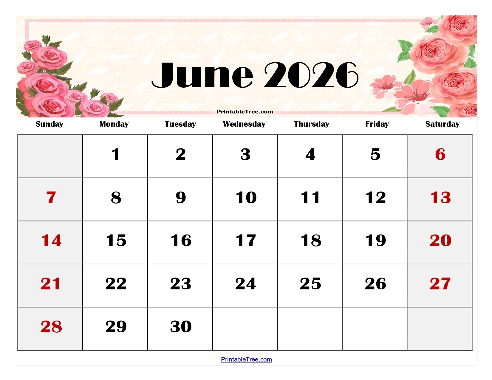 Printable 2026 June Calendar