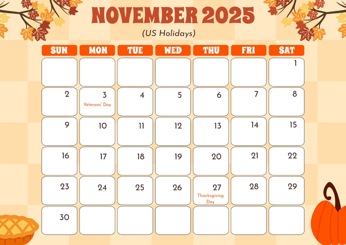 2025 Holiday Calendar Printable November Turkey