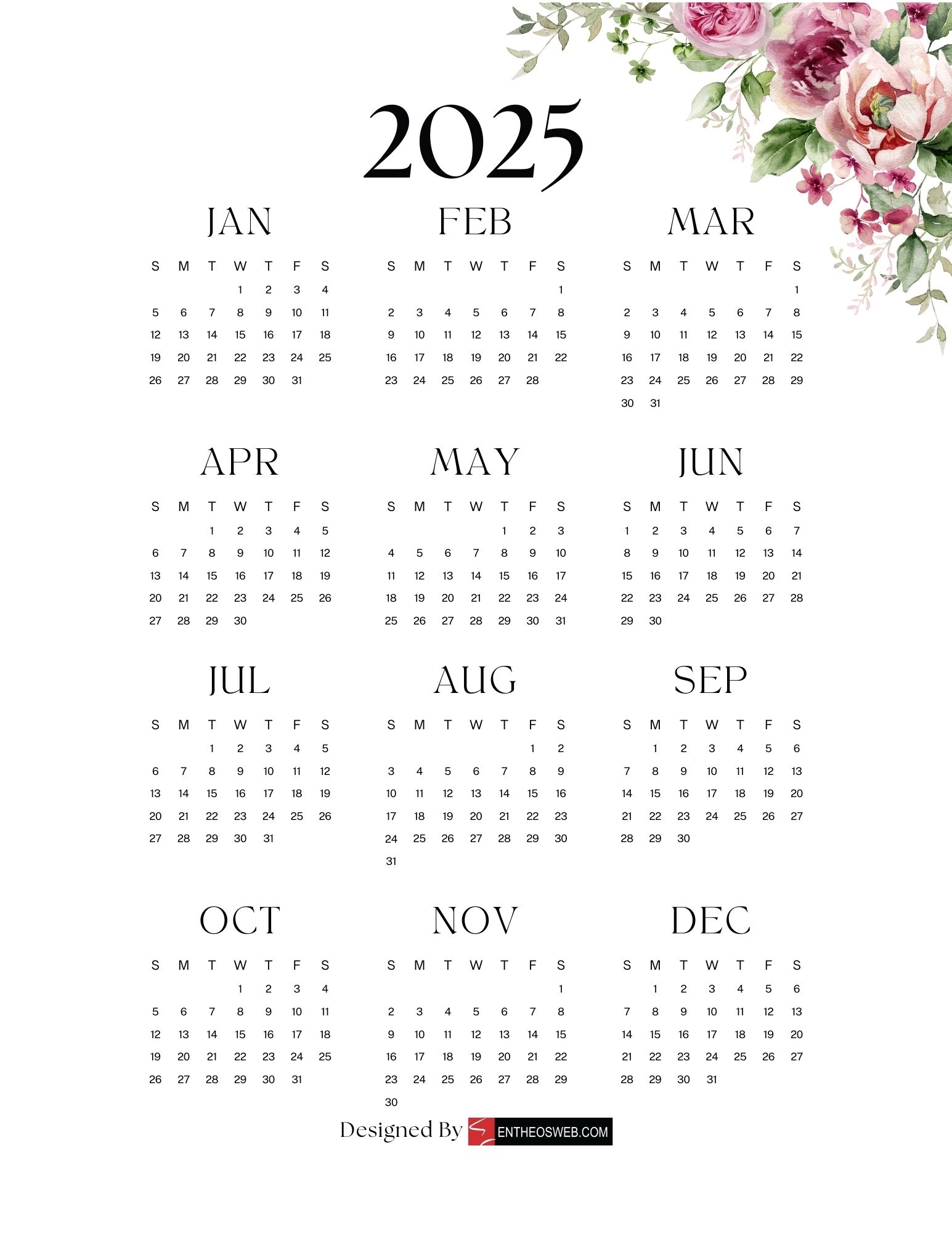 Free Calendar Printable Watercolor 2025