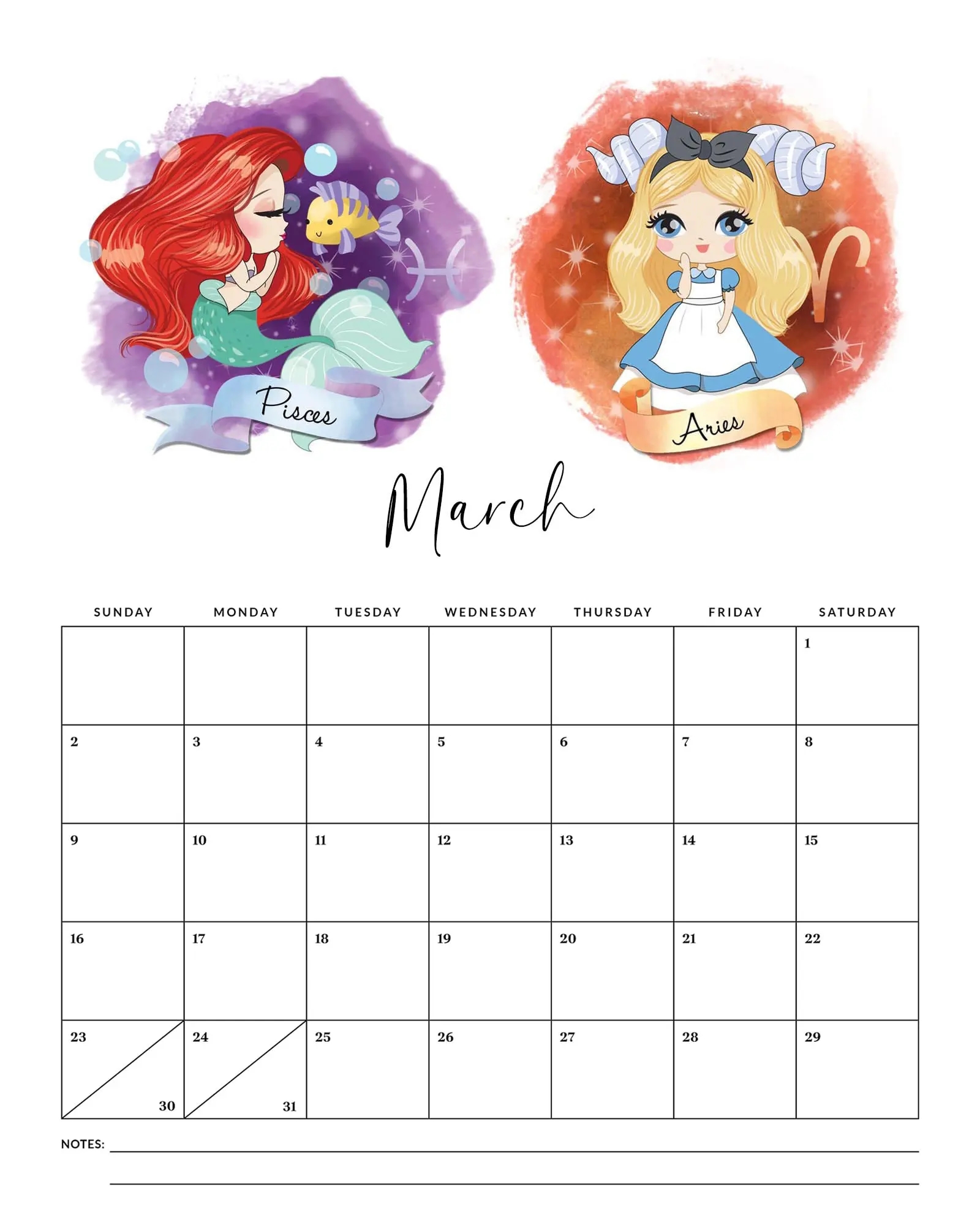 free printable 2025 princess zodiac calendar the cottage market