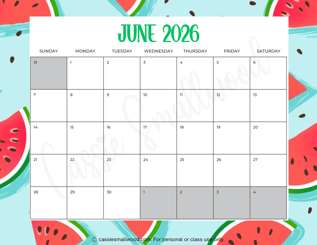 Printable Calendar Pages June 2026 Free