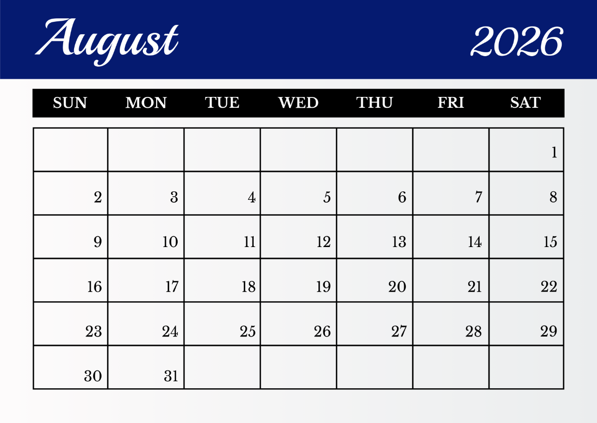 2026 August Calendar Printable Free
