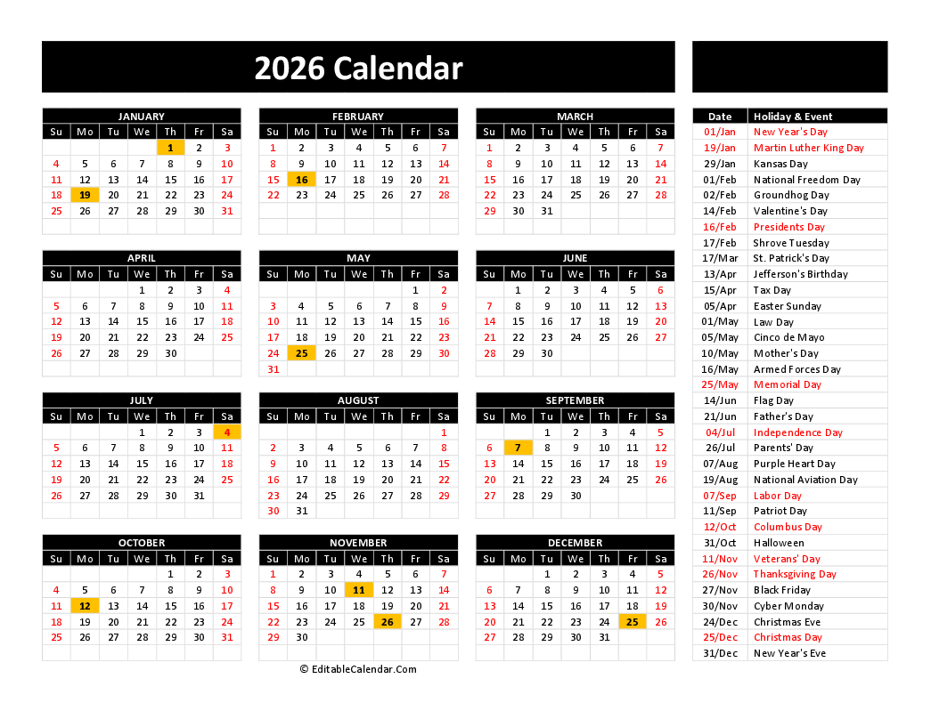 Blank Printable Calendars 2026