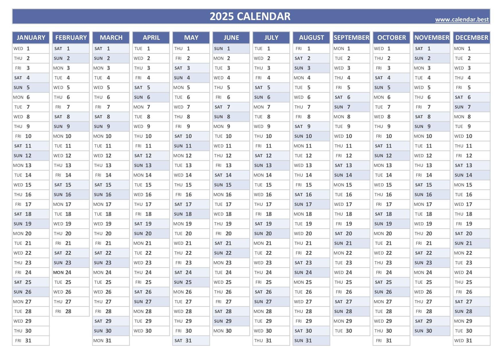 Printable Calendar For The Year 2025