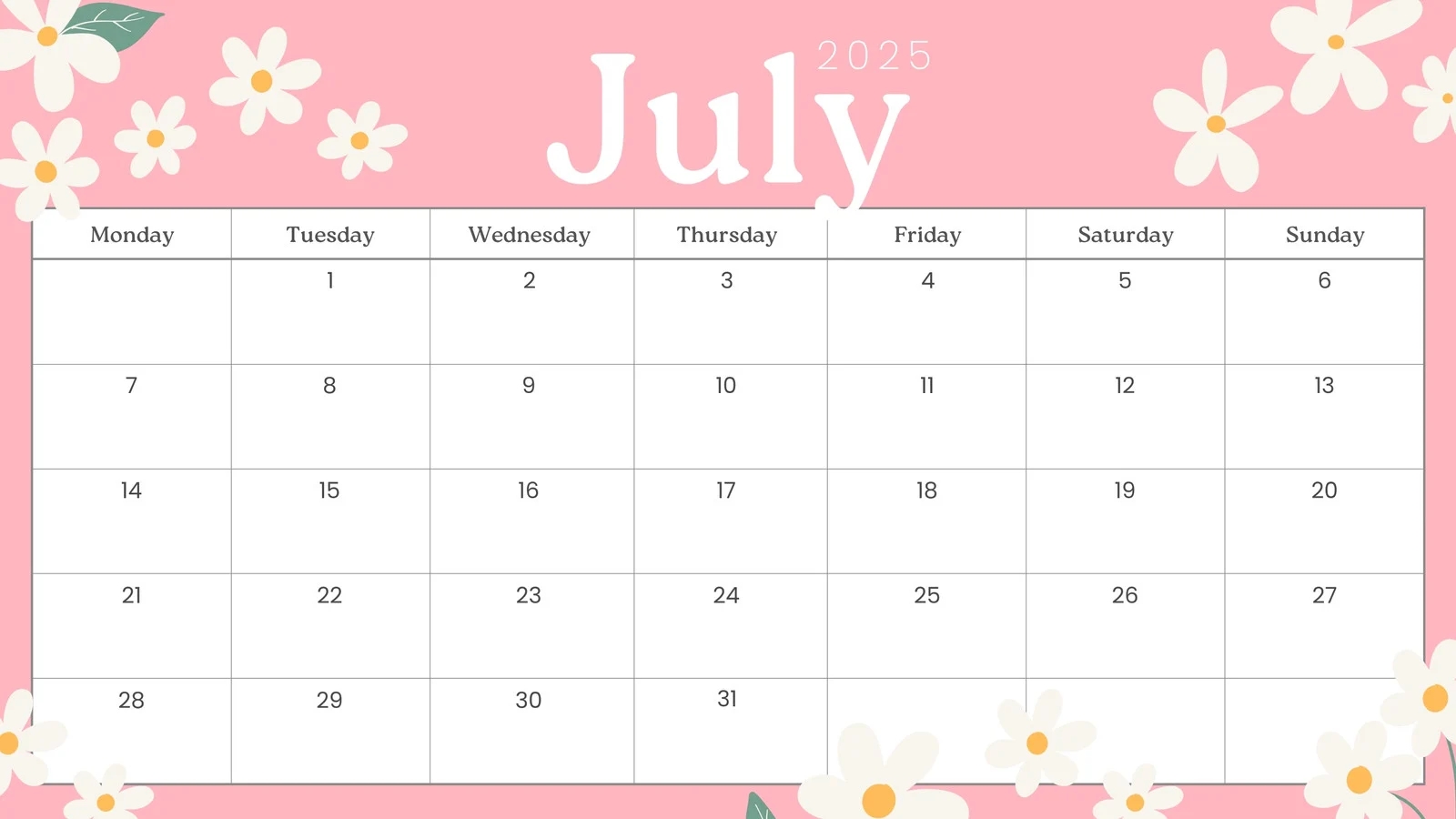 Printable 2025 July Calendars
