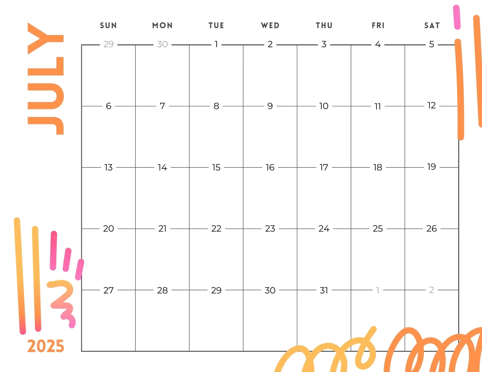 Printable 4 Month Calendar July