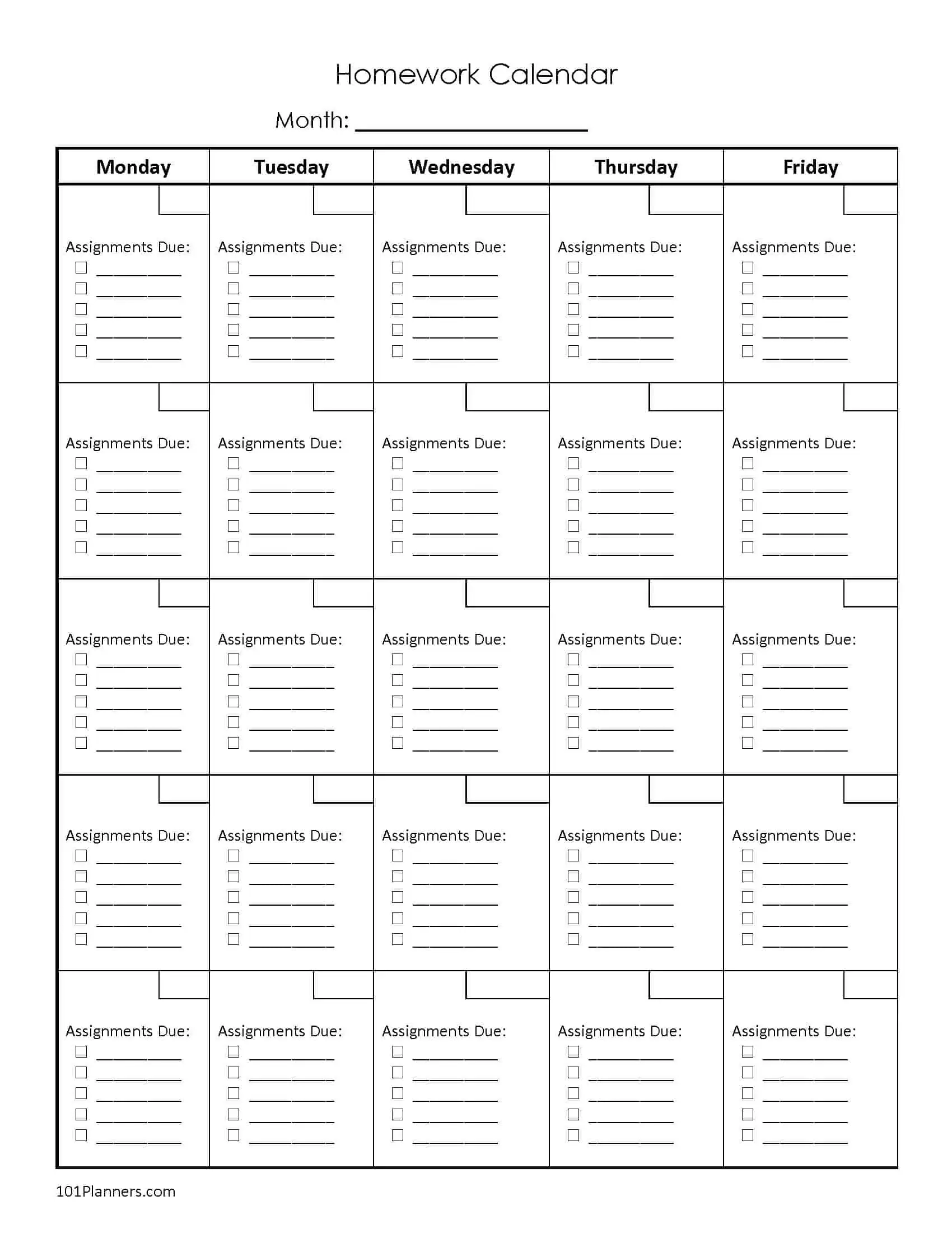Free Printable Monthly Homework Calendar