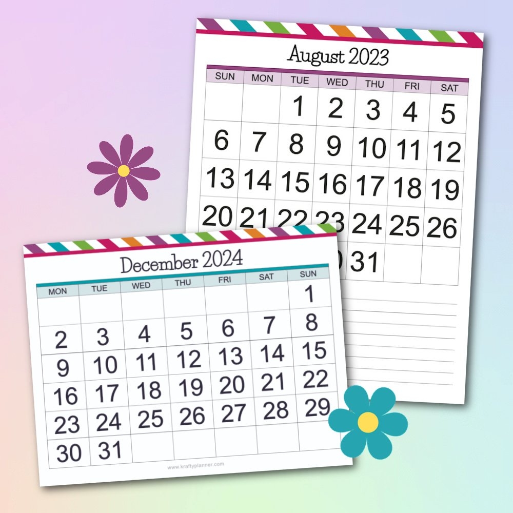 Free Printable Large Print Calendars August 2023 December 2024 Krafty Planner