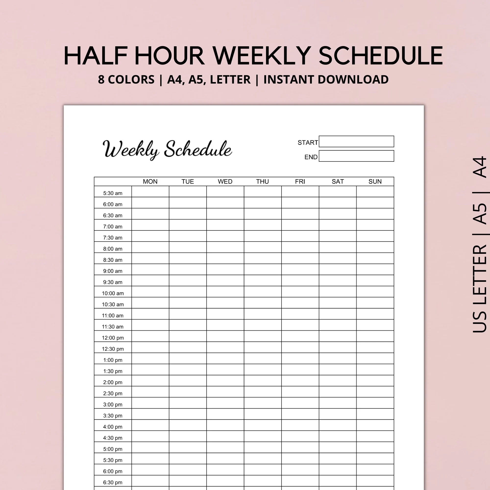 Half Hour Weekly Schedule Half Hour Planner Weekly Planner Printable Week At A Glance A4 LETTER A5 PDF Etsy