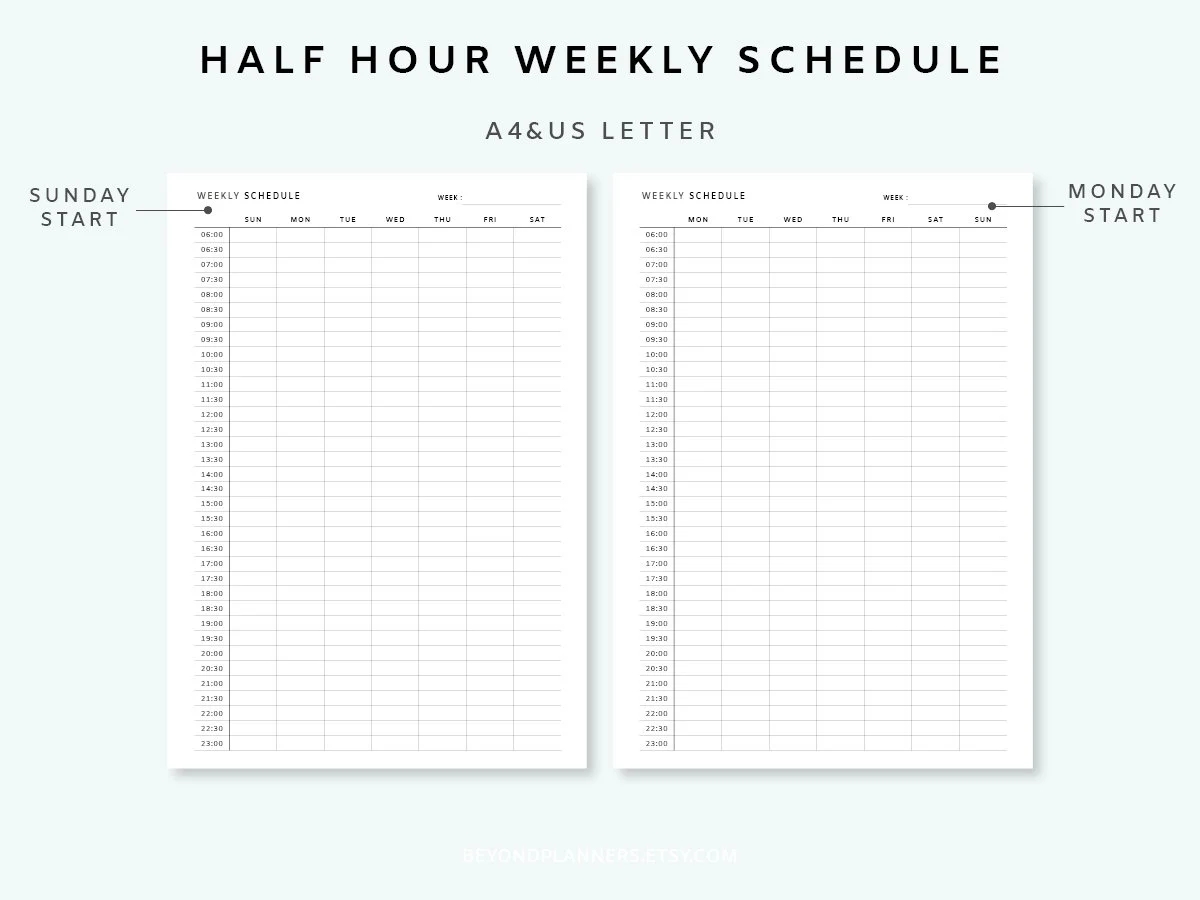 Half Hour Weekly Schedule Printable Half Hour Daily Schedule Template Hourly Schedule Inserts Weekly Planner PDF Week At A Glance Etsy
