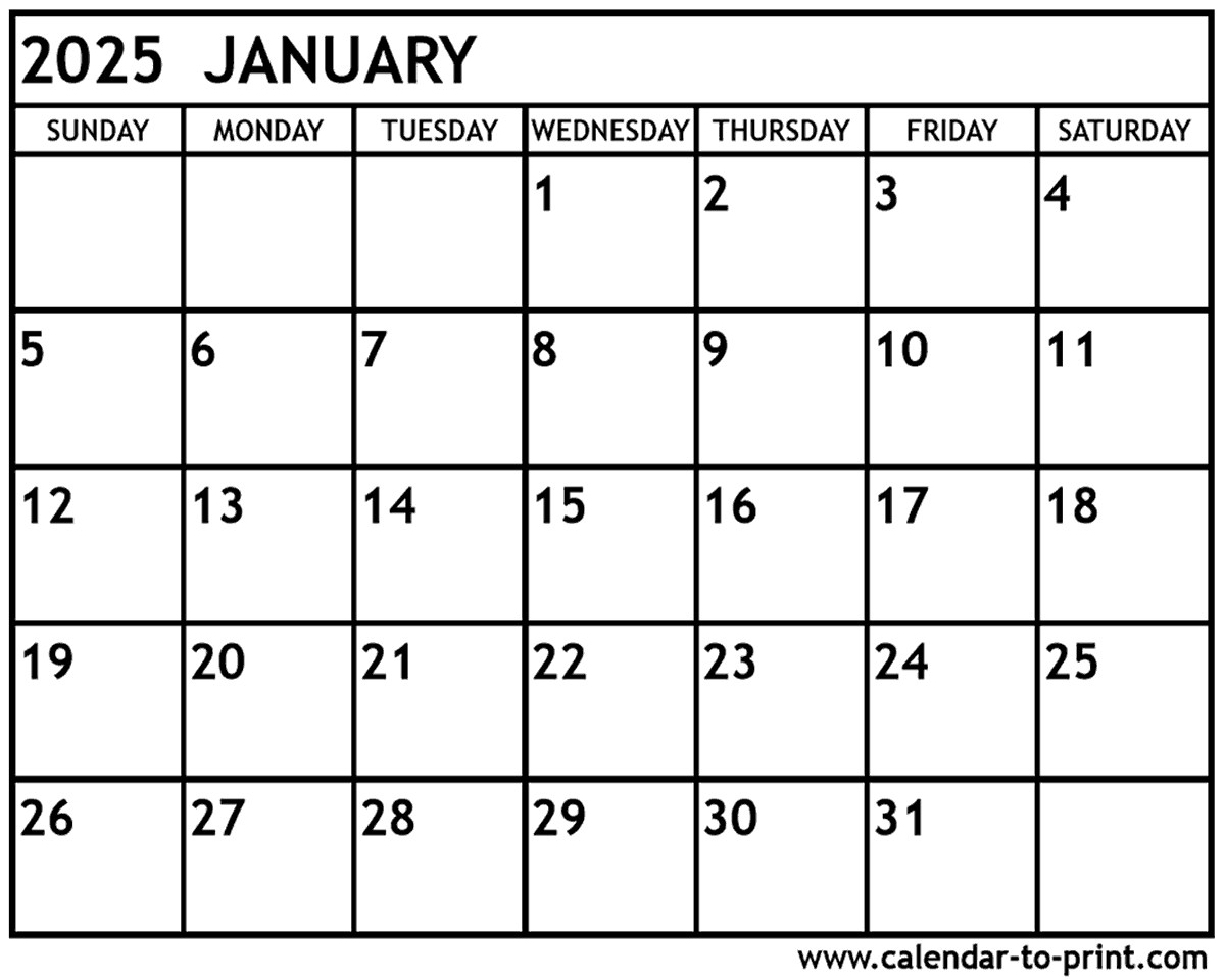 January 2025 Calendar Printable January 2025 Calendar Printable
