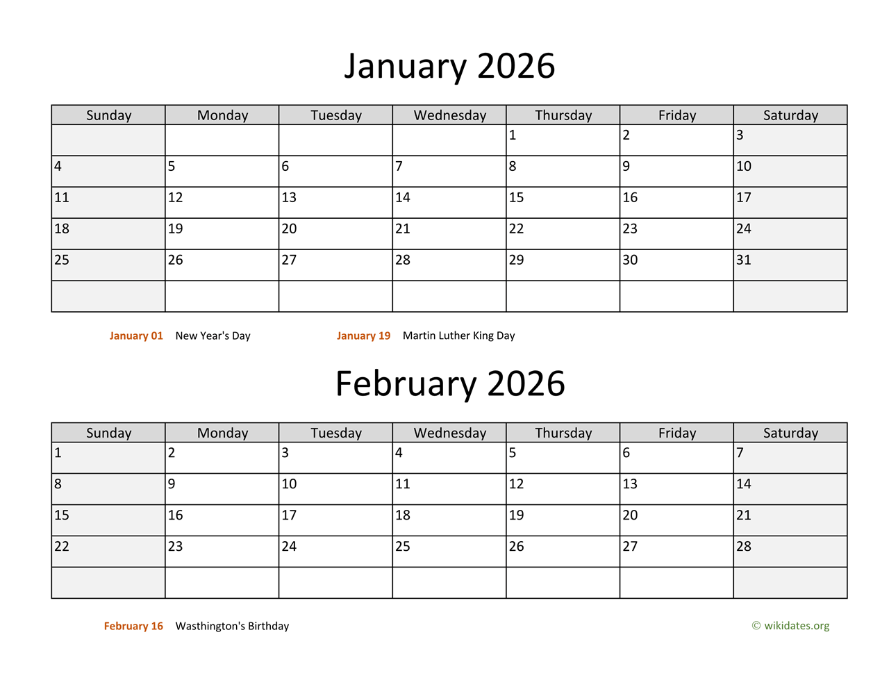 Calendar 2026 January Printable