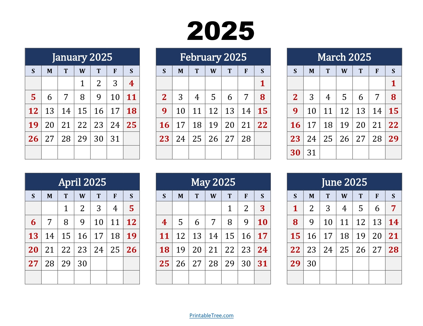 January To June 2025 Calendar Printable PDF Si Months Calendar