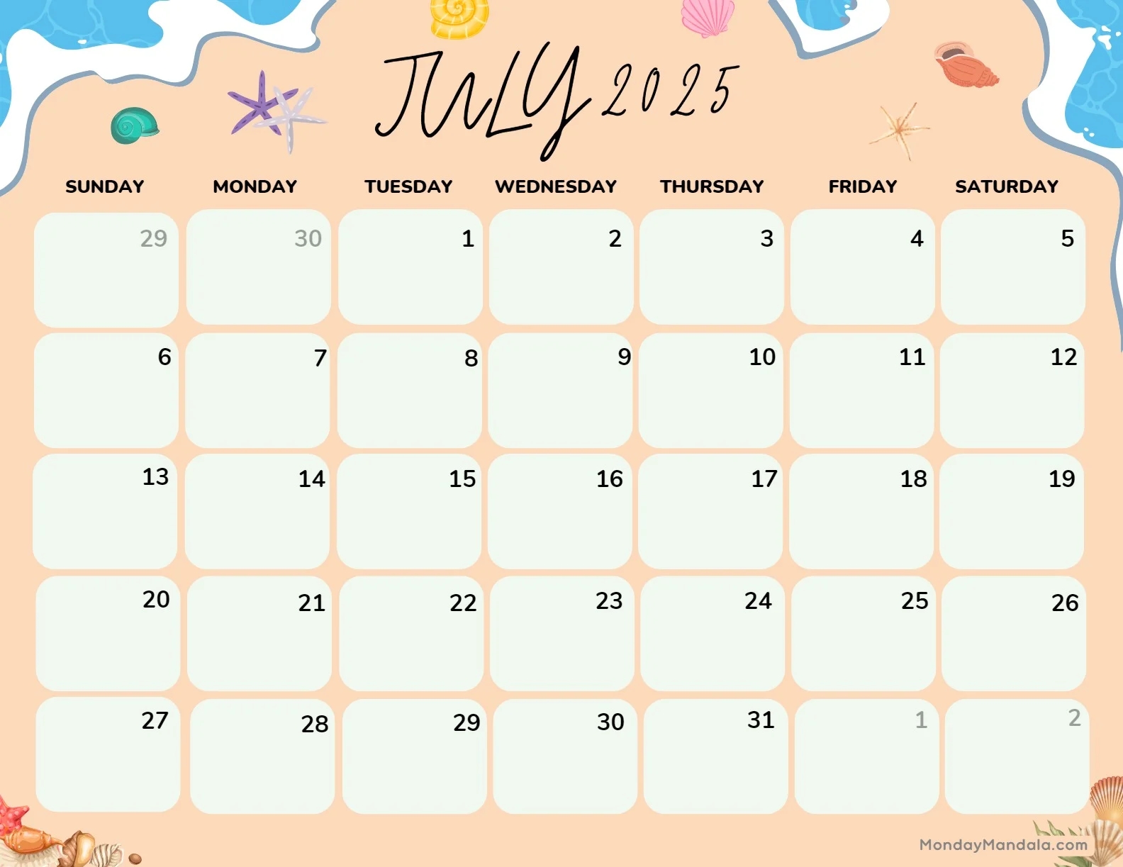 July Monthly Calendars 2025 Free Printable