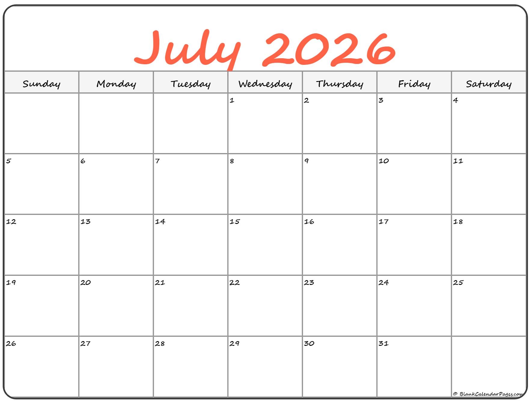 July 2026 Calendar Free Printable Calendars