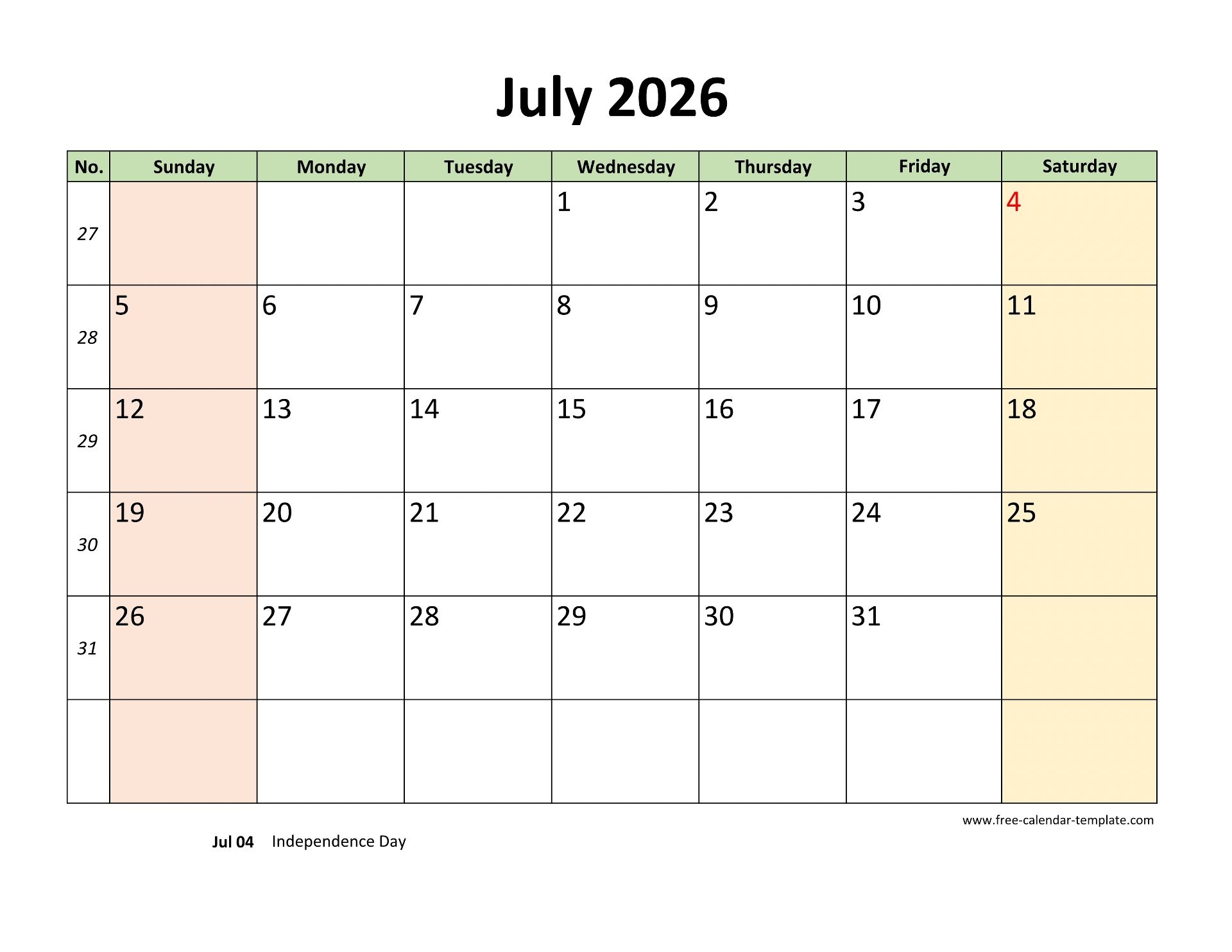 July 2026 Calendar Printable With Coloring On Weekend horizontal Free Calendar template