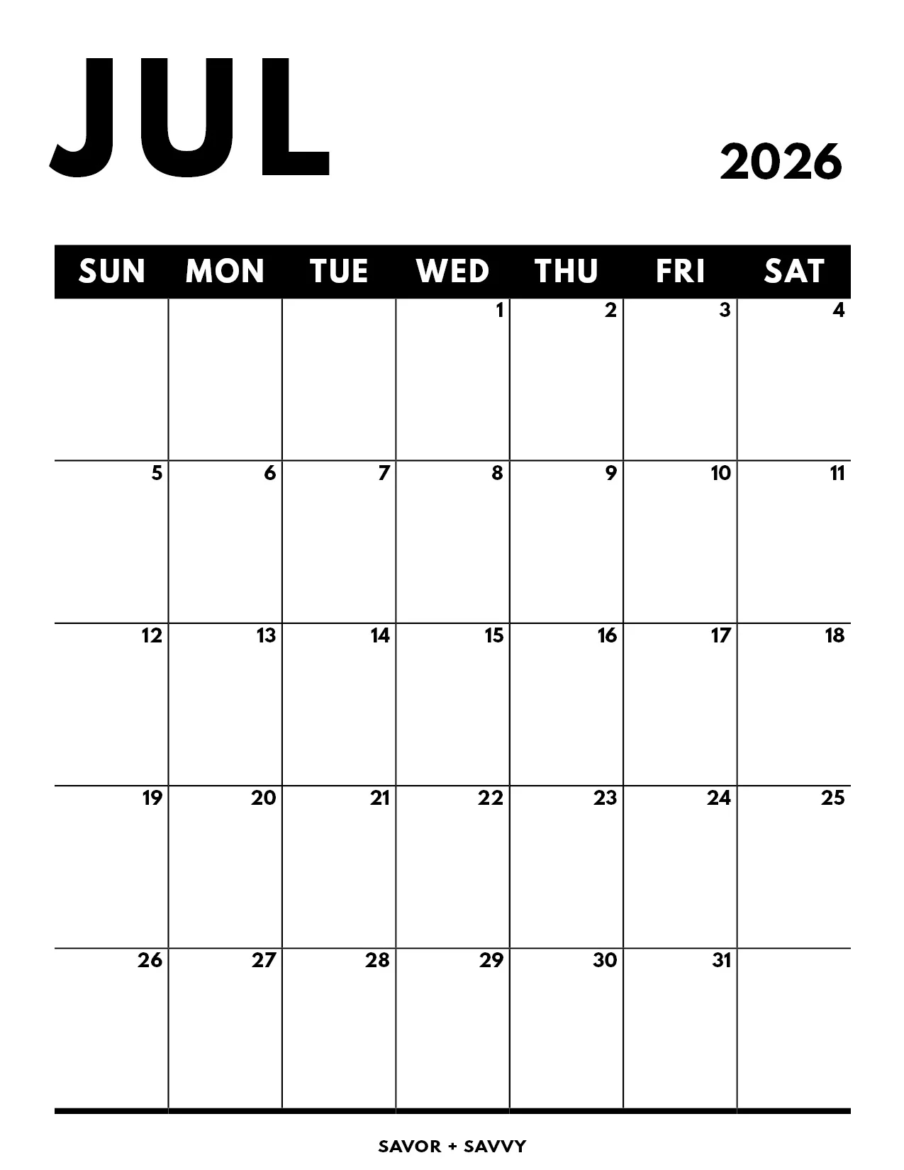 Editable And Printable Calendar July 2026