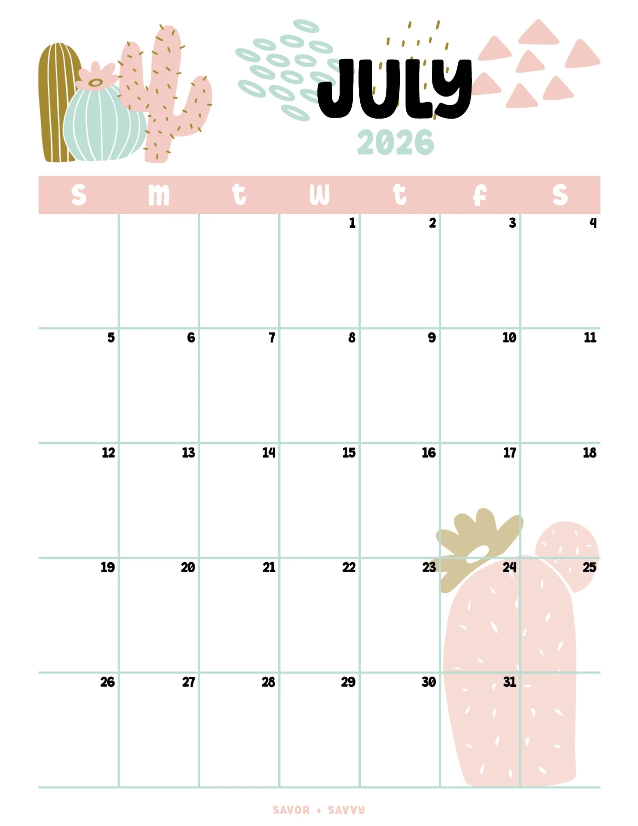 July 2026 Calendar Templates 14 Free Printables Savor Savvy