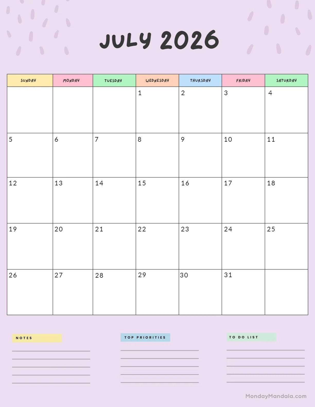 July 2026 Calendars 52 Free PDF Printables July 2026 Calendars 52 Free PDF Printables