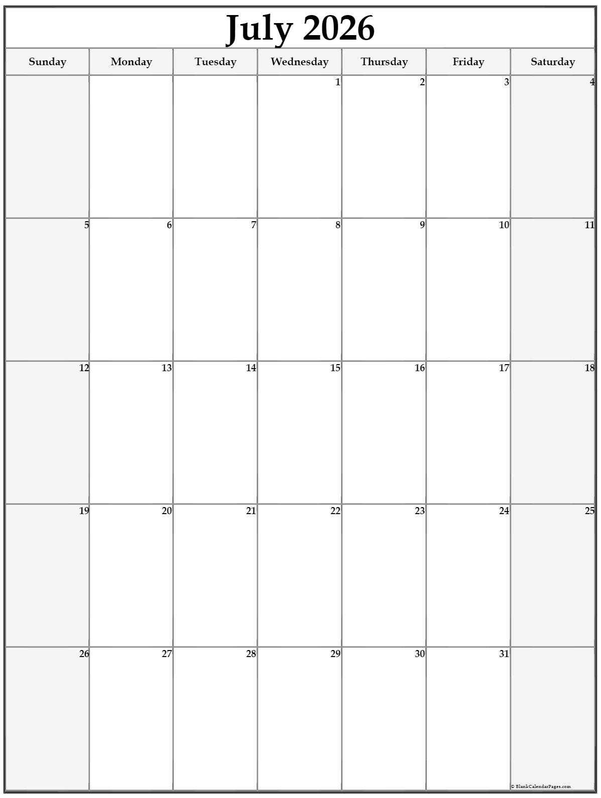 July 2026 Vertical Calendar Portrait July 2026 Vertical Calendar Portrait